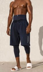 Short de bain bleu nuit homme Qaba'il avec legging intégré et coupe mastour