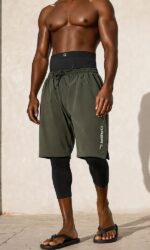 Short de bain kaki homme Qaba'il avec legging intégré et coupe mastour