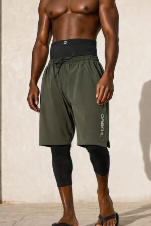 Short de bain kaki homme Qaba'il avec legging intégré et coupe mastour