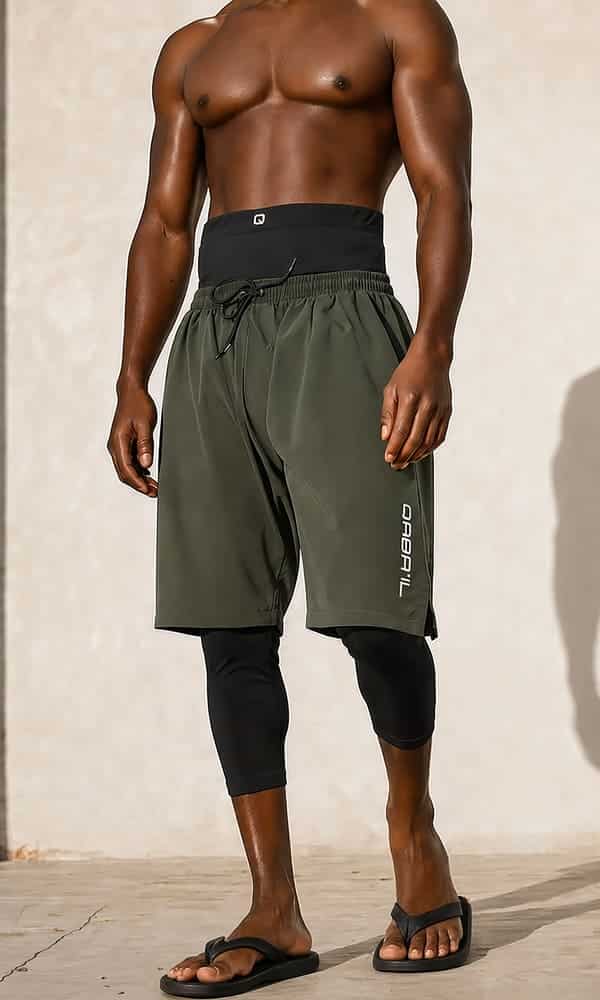 swimshort kaki (2) (1) Short de bain kaki homme Qaba'il avec legging intégré et coupe mastour